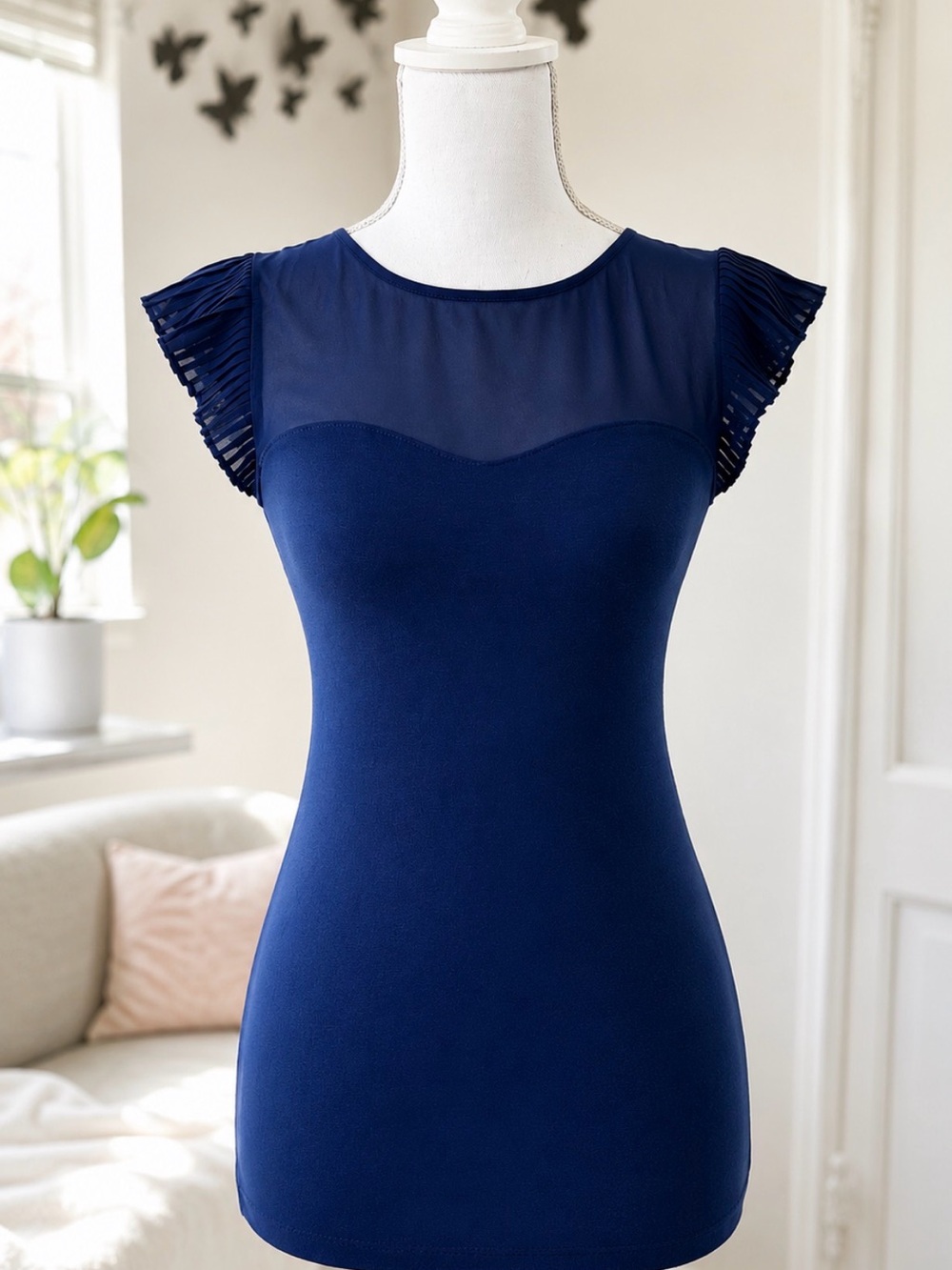 Express Navy Cap Sleeve Top with Sheer Yoke